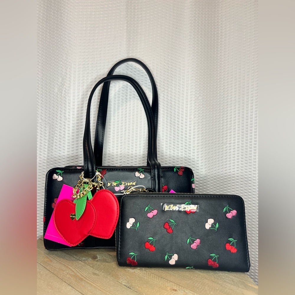 Betsey Johnson Black Cherry Print Handbag With Matching Wristlet/Wallet